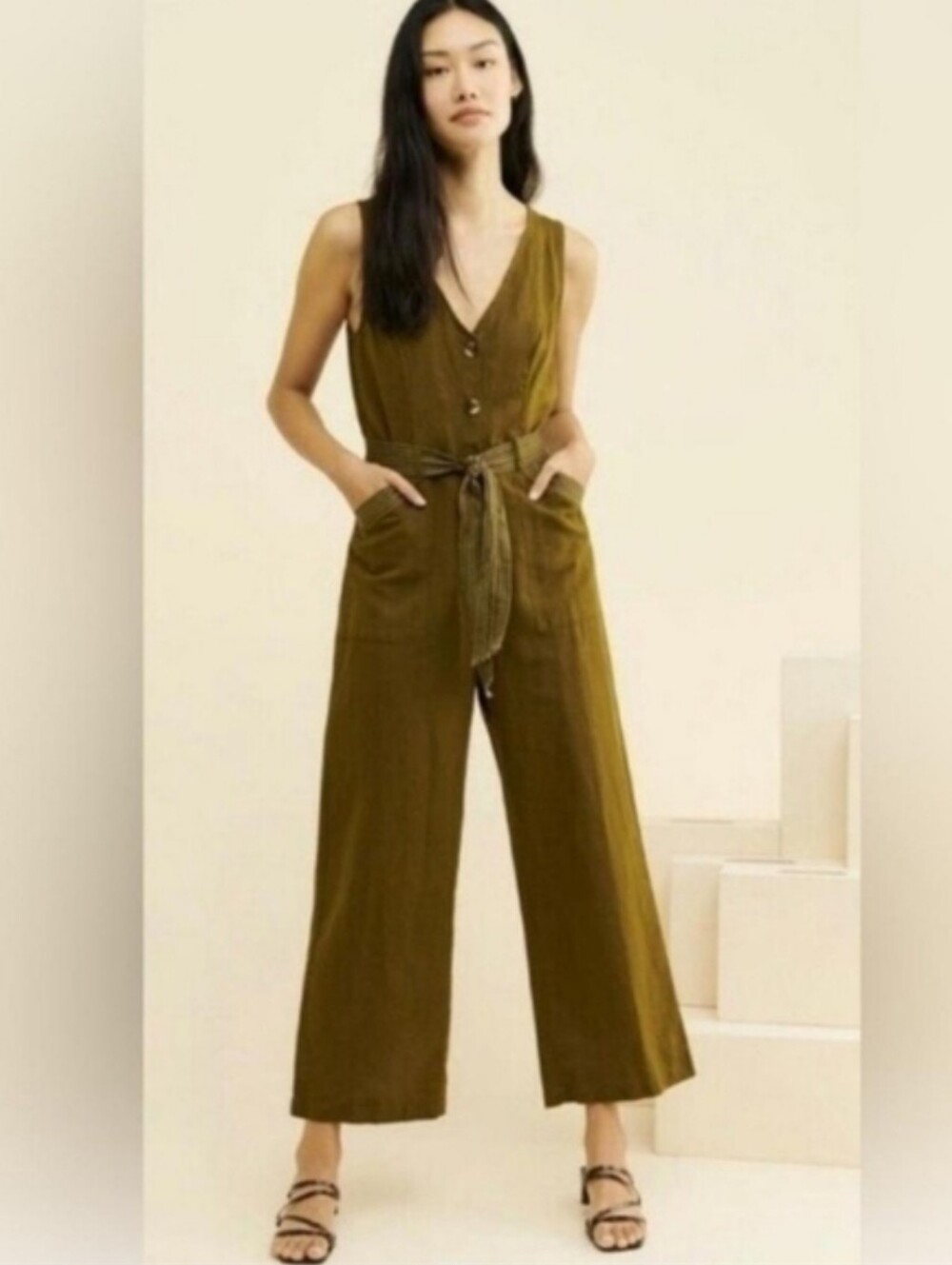 Anthropologie Olive Brown Linen Sleeveless Jumpsuit with Stitched Belt